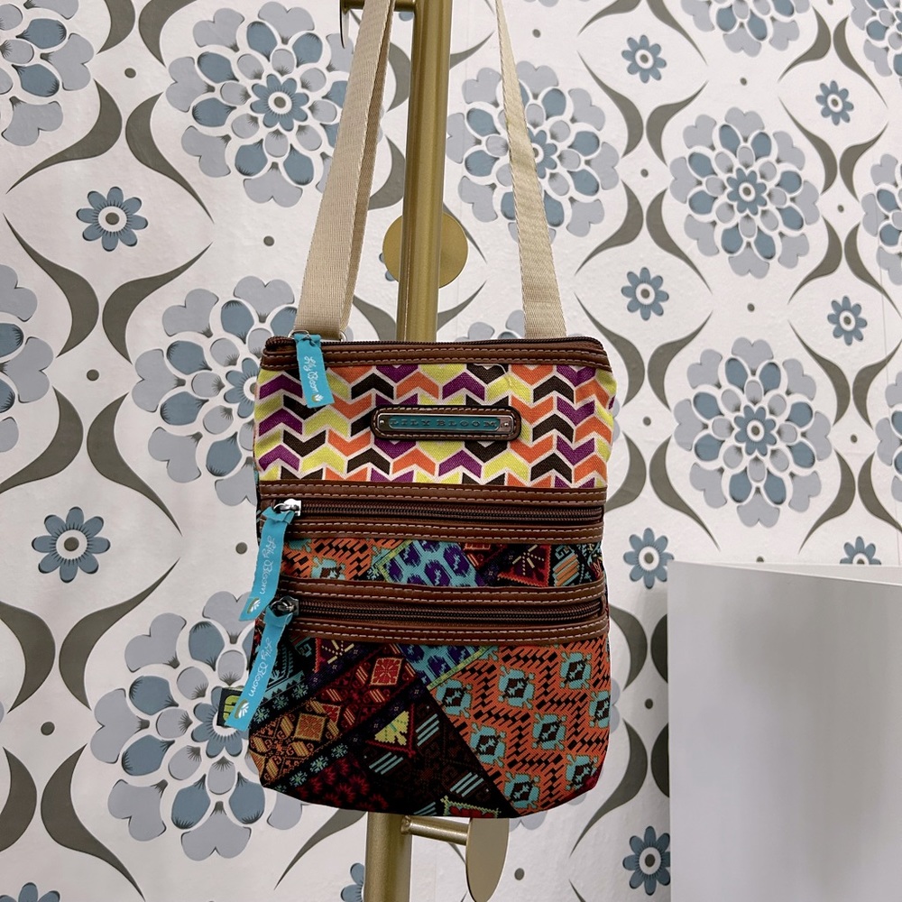 LILY BLOOM Crossbody Small Handbag Zipper Purse Folk Art Hobo Blue Brown Orange